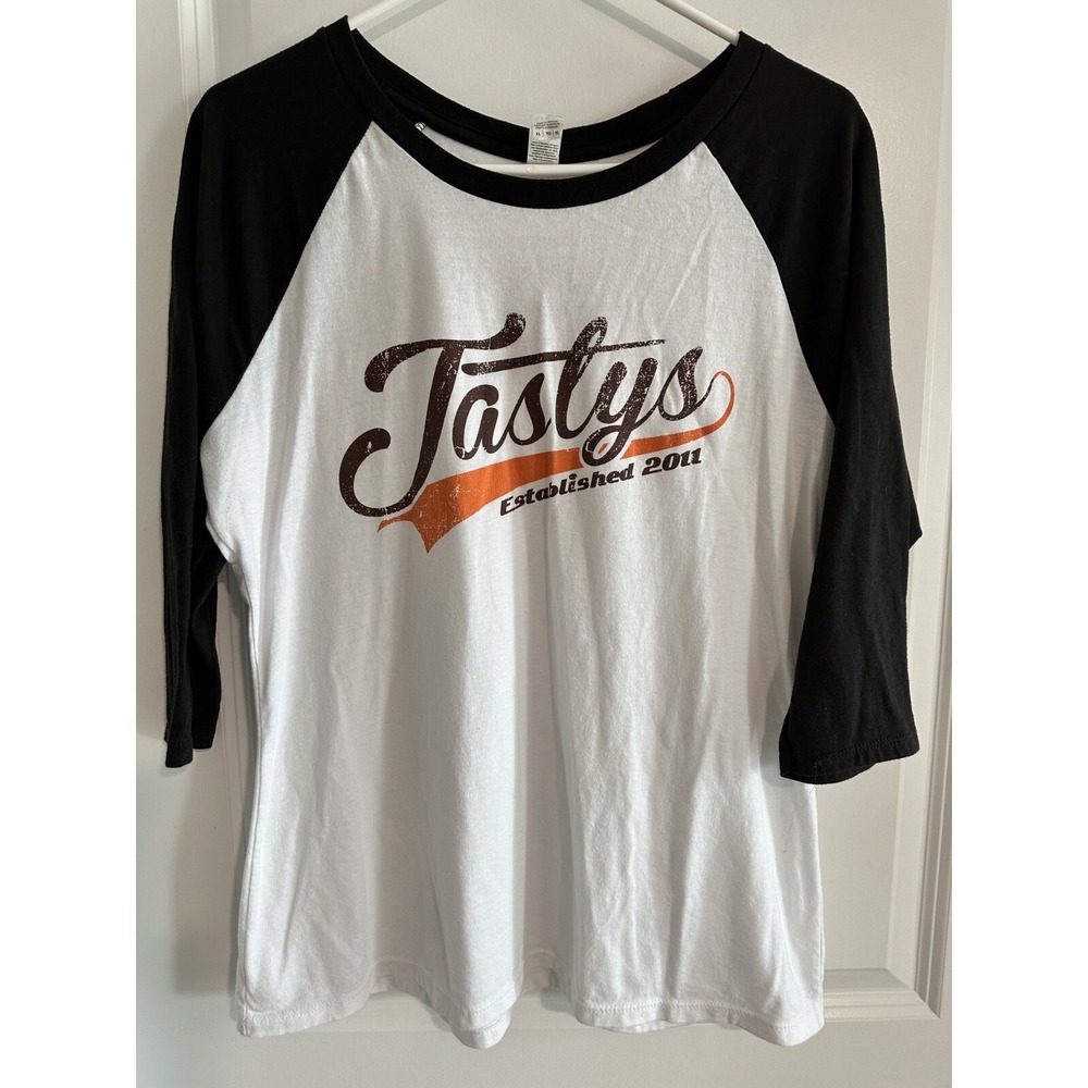 Taste's Burgers Raglan Baseball T Shirt Sz XL White Black Crew Neck Graphic